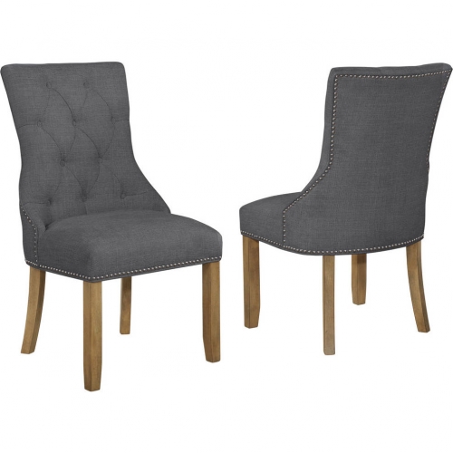 D92 Dining Chair in Tufted Dark Gray Linen & Rustic Oak Wood (Set of 2)