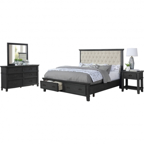 Sandy 4 Piece King Storage Bedroom Set in Beige Linen & Cappuccino Wood