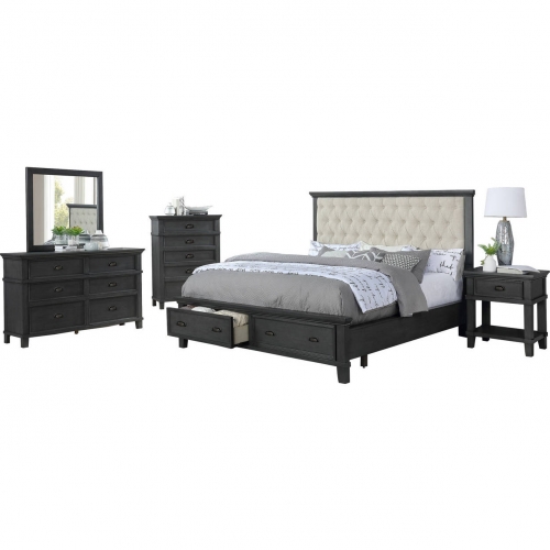 Sandy 5 Piece Queen Storage Bedroom Set in Beige Linen & Cappuccino Wood