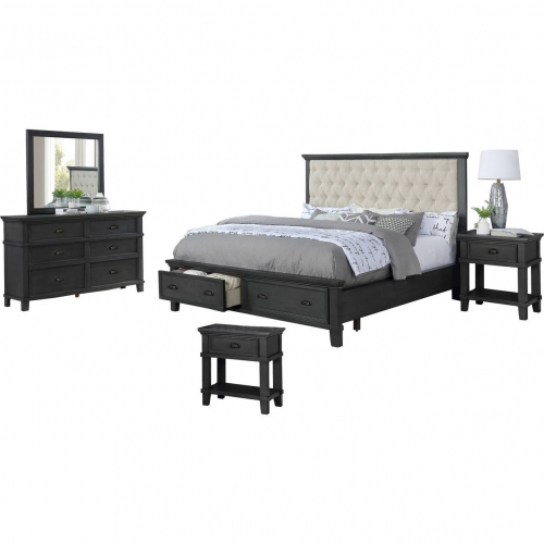 Sandy 5 Piece Queen Storage Bedroom Set in Beige Linen & Cappuccino Wood