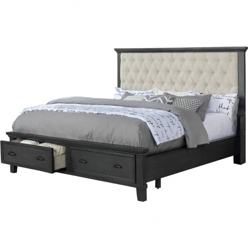 Sandy Storage Queen Storage Bed in Cappuccino Wood & Beige Linen