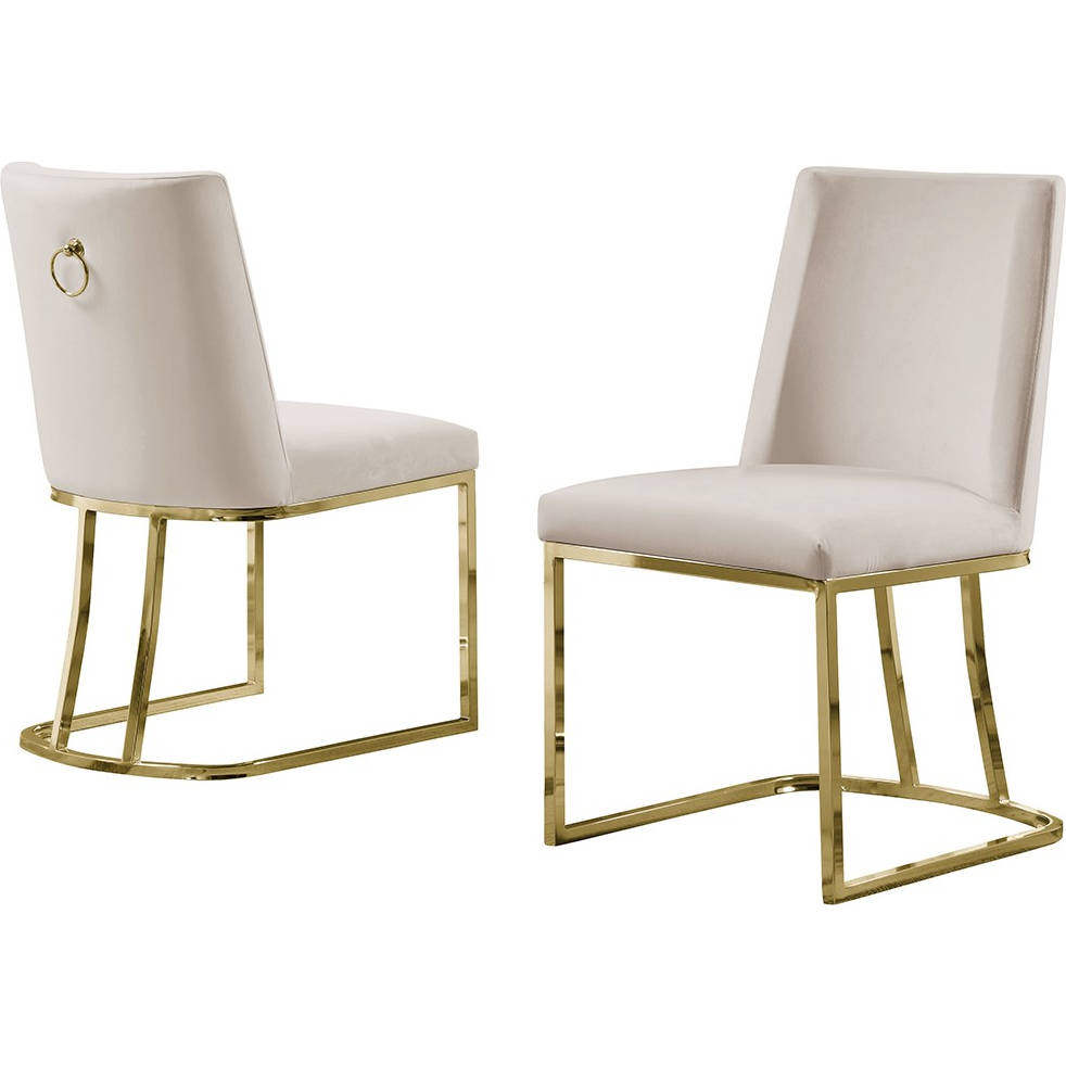 Double Minimalistic Cream Velvet Side Chairs with Gold Chrome Legs Beige