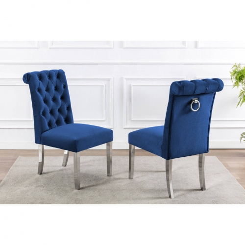 SC14 Dining Chair in Tufted Navy Blue Velvet & Silver Stainless Steel (Set of 2)