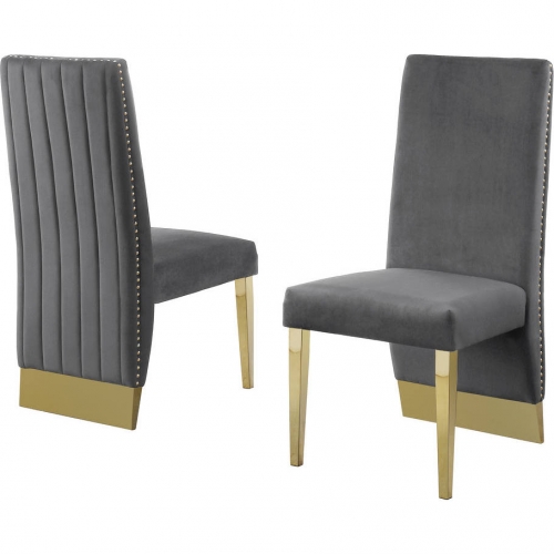 SC16 Dining Chair in Vertical Tufted Gray Velvet & Gold Chrome (Set of 2)