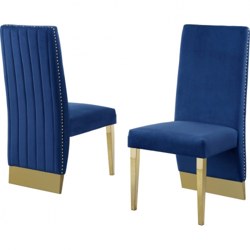 SC16 Dining Chair in Vertical Tufted Navy Blue Velvet & Gold Chrome (Set of 2)