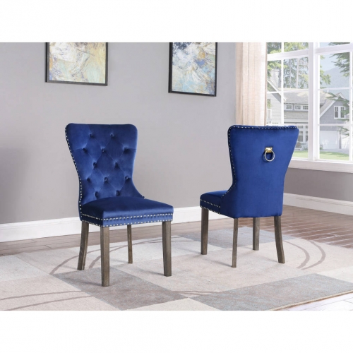 SC16 Dining Chair in Tufted Navy Blue Velvet, Gold, & Wood (Set of 2)