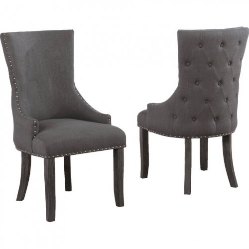 SC26 Dining Chair in Tufted Dark Gray Linen & Rustic Gray Wood (Set of 2)