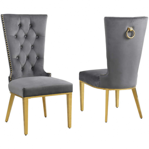 SC334 Dining Chair in Tufted Gray Velvet & Gold Stainless Steel (Set of 2)