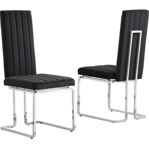 SC342 Dining Chair in Vertical Tufted Black Velvet & Chrome (Set of 2)