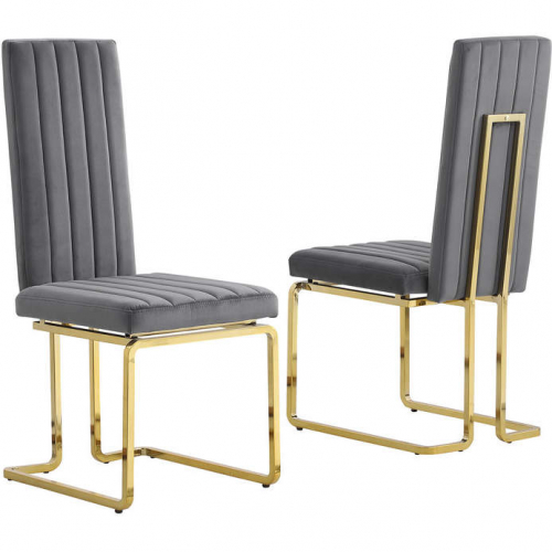 SC344 Dining Chair in Vertical Tufted Dark Gray Velvet & Gold Chrome (Set of 2)