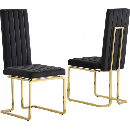 SC346 Dining Chair in Vertical Tufted Black Velvet & Gold Chrome (Set of 2)