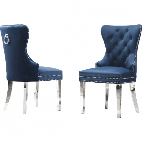 SC40 Dining Chair in Tufted Navy Blue Velvet & Silver Stainless Steel (Set of 2)