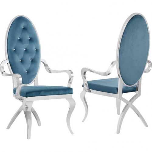 SC60 Dining Arm Chair in Tufted Teal Blue Velvet & Silver Stainless (Set of 2)