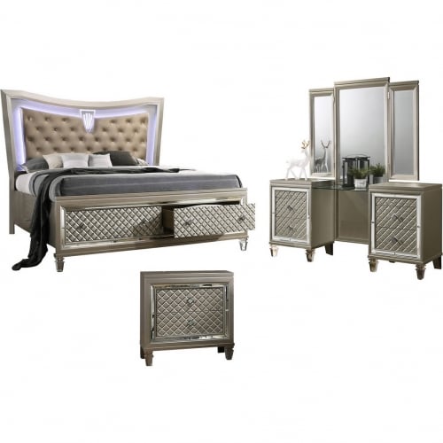 Ven 3 Piece Set with Vanity & Queen Bed in Champagne Silver Wood