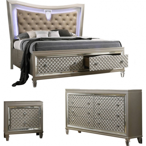 Ven 3 Piece Queen Bedroom Set in Champagne Silver Wood