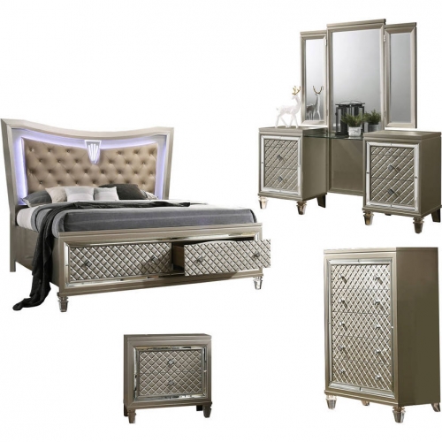 Ven 4 Piece Set with Vanity & Queen Bed in Champagne Silver Wood