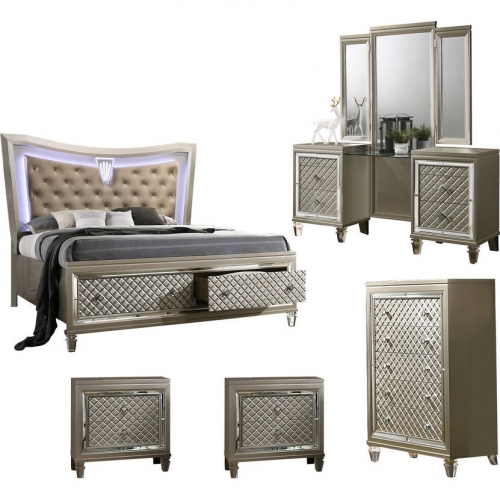 Ven 5 Piece Set with Vanity & Queen Bed in Champagne Silver Wood