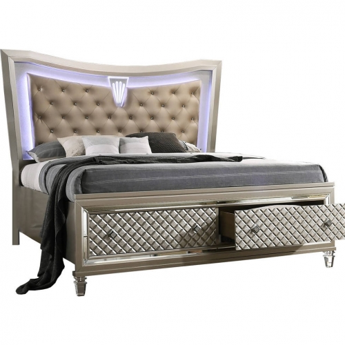 Ven California King Storage Bed w/ LED Headboard in Champagne Silver Wood