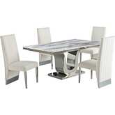 D14 5 Piece Dining Set in White Marble, Stainless Steel & Cream Velvet