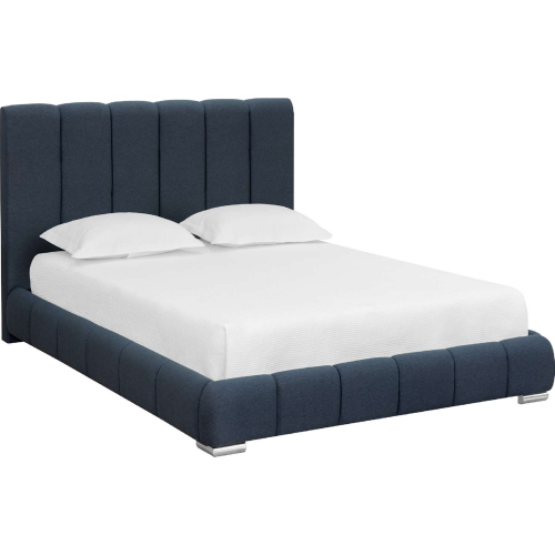 Elody Queen Bed in Channel Tufted Blue Grey & Chrome