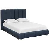 Elody Queen Bed in Channel Tufted Blue Grey & Chrome