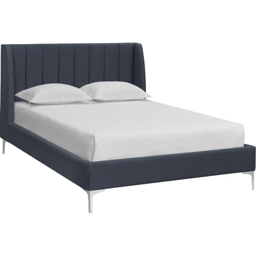 Renata Queen Bed in Channel Tufted Blue Grey Fabric & Chrome Steel