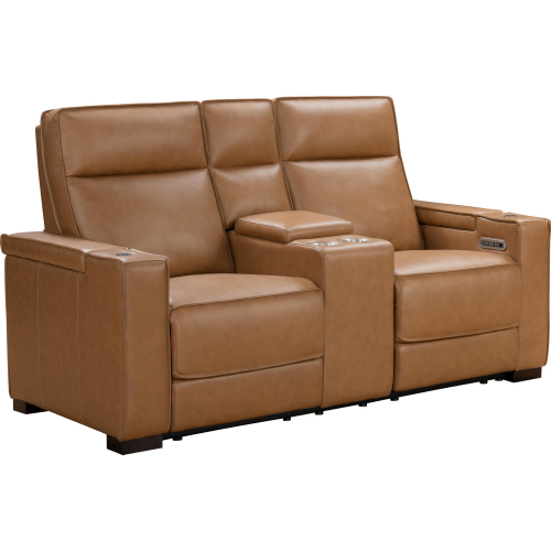 Odessey Power Reclining Console Loveseat w/ Head Rest, Lumbar, Heat & Massage in Honey Leather