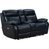 Sandover Power Reclining Console Loveseat w/ Head Rests & Lumbar in Navy Blue Top Grain Leather