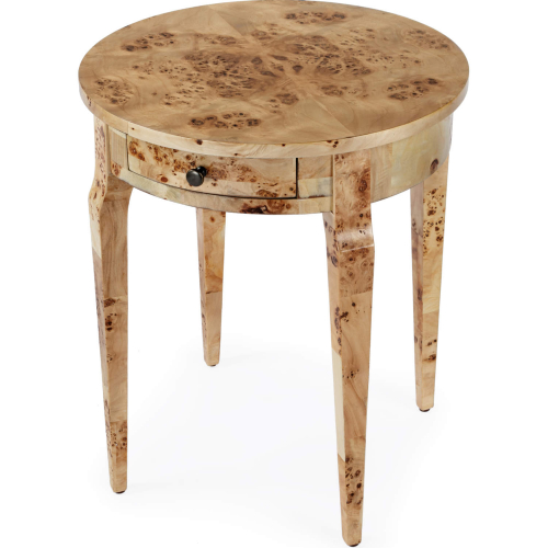 Archer 20" Round 1 Drawer Burl Side Table in Light Brown