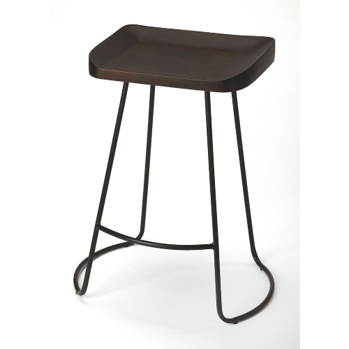 Alton Backless Counter Stool in Dark Brown Wood & Black Iron