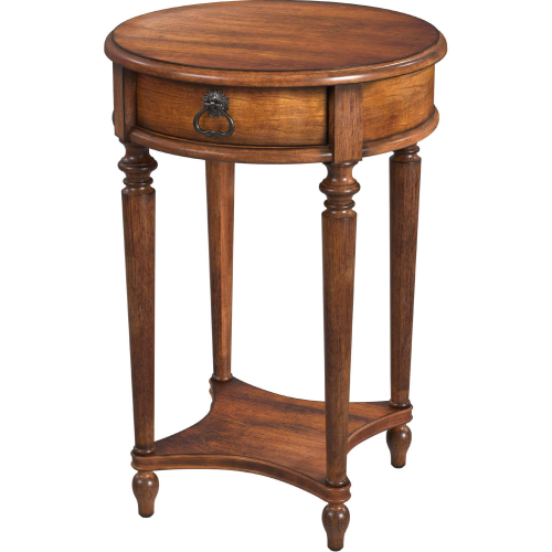 Jules 1 Drawer Round End Table in Antique Cherry Brown Finish