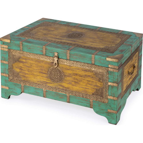 Nador 32" Storage Trunk Coffee Table in Hand Painted Blue, Yellow & Brass Inlay