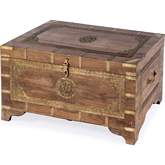 Nador 32" Storage Trunk Coffee Table in Hand Painted Light Brown & Brass Inlay