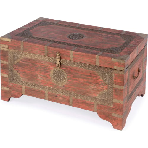 Nador 32" Storage Trunk Coffee Table in Hand Painted Pink, Multicolor & Brass Inlay