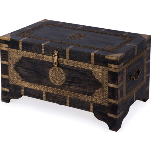 Nador 32" Storage Trunk Coffee Table in Hand Painted Antique Wood & Brass Inlay