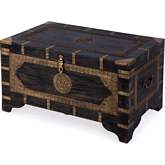 Nador 32" Storage Trunk Coffee Table in Hand Painted Antique Wood & Brass Inlay