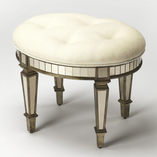 Garbo 24" Vanity Stool in Antique Pewter, Antique Mirror & Tufted Off White Fabric