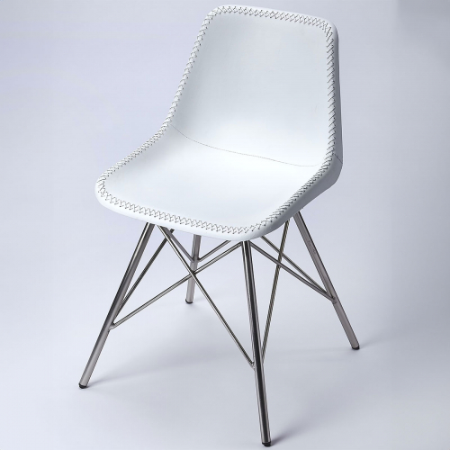 Inland Dining Chair in White Leather & Nickel Iron