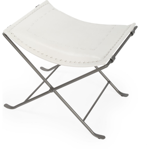 Melton Stool in White Leather & Silver Metal