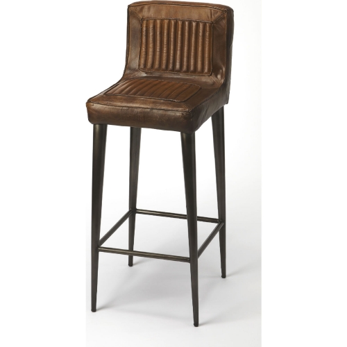 Maxwell Bar Stool in Brown Leather on Iron Base