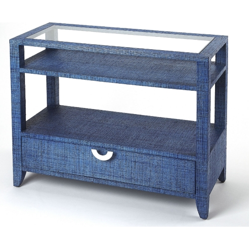 Amelle Console Table in Navy Blue Raffia & Tempered Glass