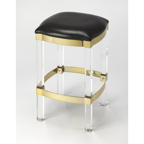 Jordan Counter Stool in Black Leather, Gold & Acrylic