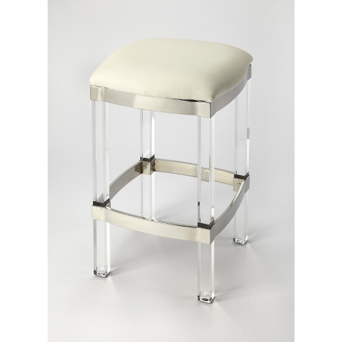 Jordan 24" Counter Stool in Off White Leather, Metal & Acrylic