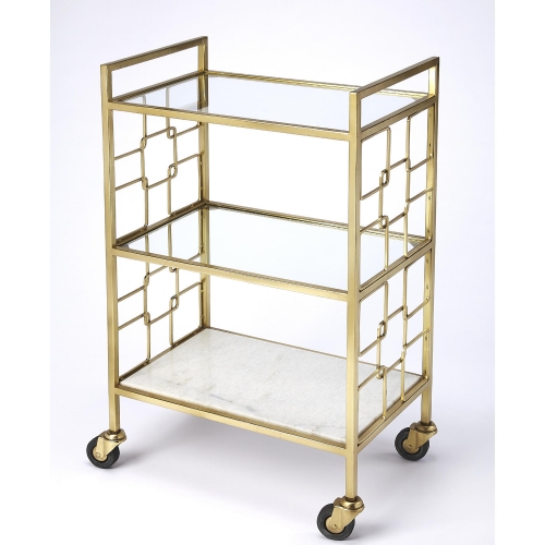 Arcadia Bar Cart in Polished Gold Steel, Glass & White Stone