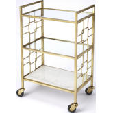 Arcadia Bar Cart in Polished Gold Steel, Glass & White Stone