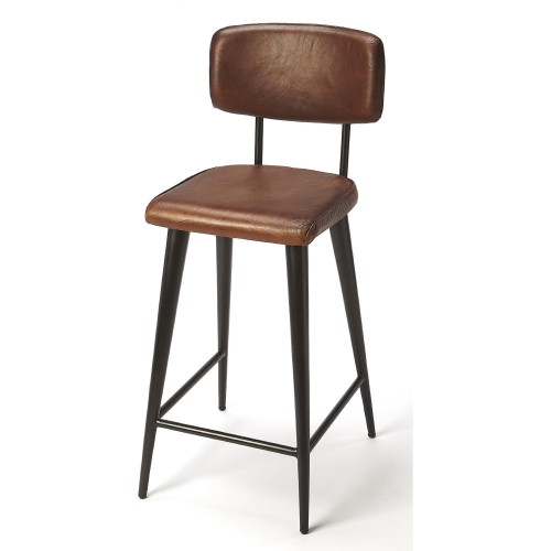 Saddle Bar Stool in Brown Leather & Black Iron