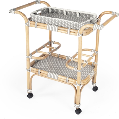 Selena Bar Cart in Gray & White Poly & Rattan