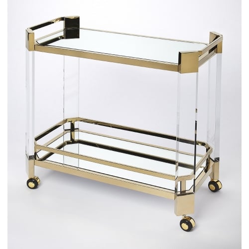 Charlevoix Serving Cart in Acrylic, Polished Gold & Mirror