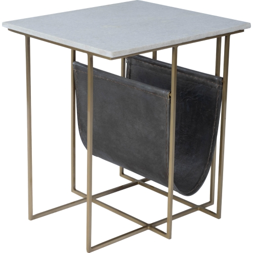 Stephanik Magazine Side Table in Off White Marble & Gray Brown Leather