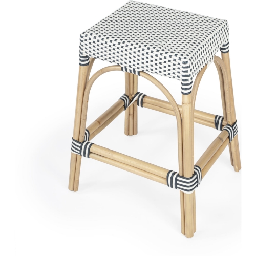 Robias Counter Stool in Navy Blue & White Poly & Rattan